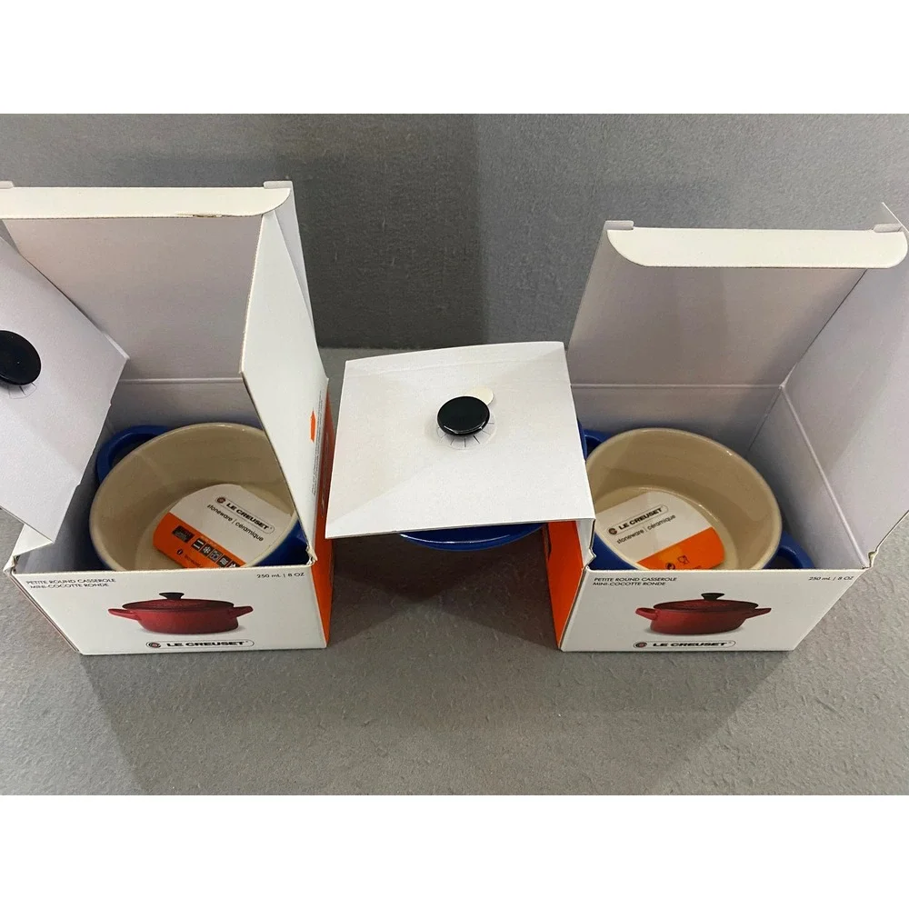 Le Creuset Set of 2 Mini Round Cocotte 8oz Cobalt Blue Stoneware PG1160-10 NEW